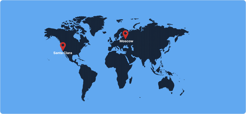 World map with Moscow and Santa Clara